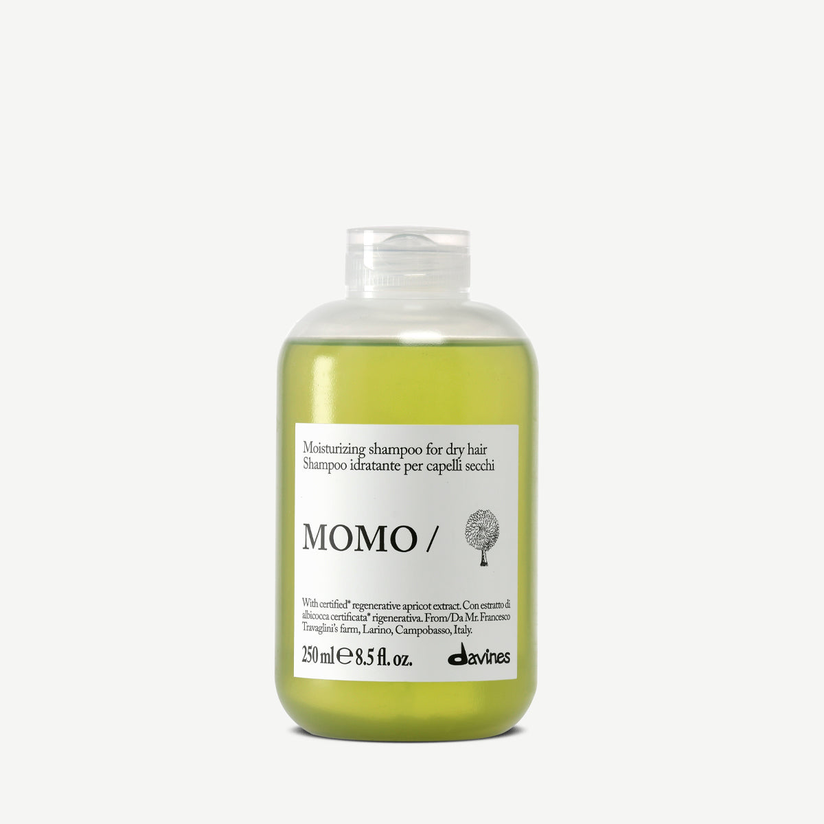 Davines France MOMO Shampoo - Ce shampoing hydratant pour cheveux secs nourrit intensément votre fibre capillaire grâce à l'extrait d'abricot Regenerative Organic Certified™, tout en révélant une douceur et une brillance exceptionnelles