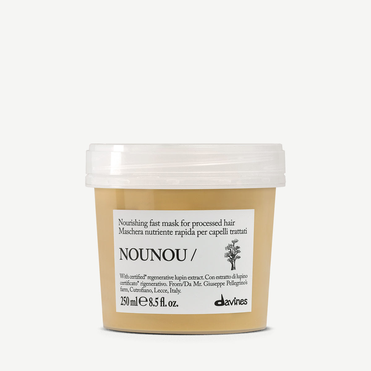 Davines France NOUNOU Mask - Découvrez ce masque nourrissant qui transforme les cheveux secs et abîmés en chevelure soyeuse, grâce à sa formule riche en extrait de lupin Regenerative Organic Certified™