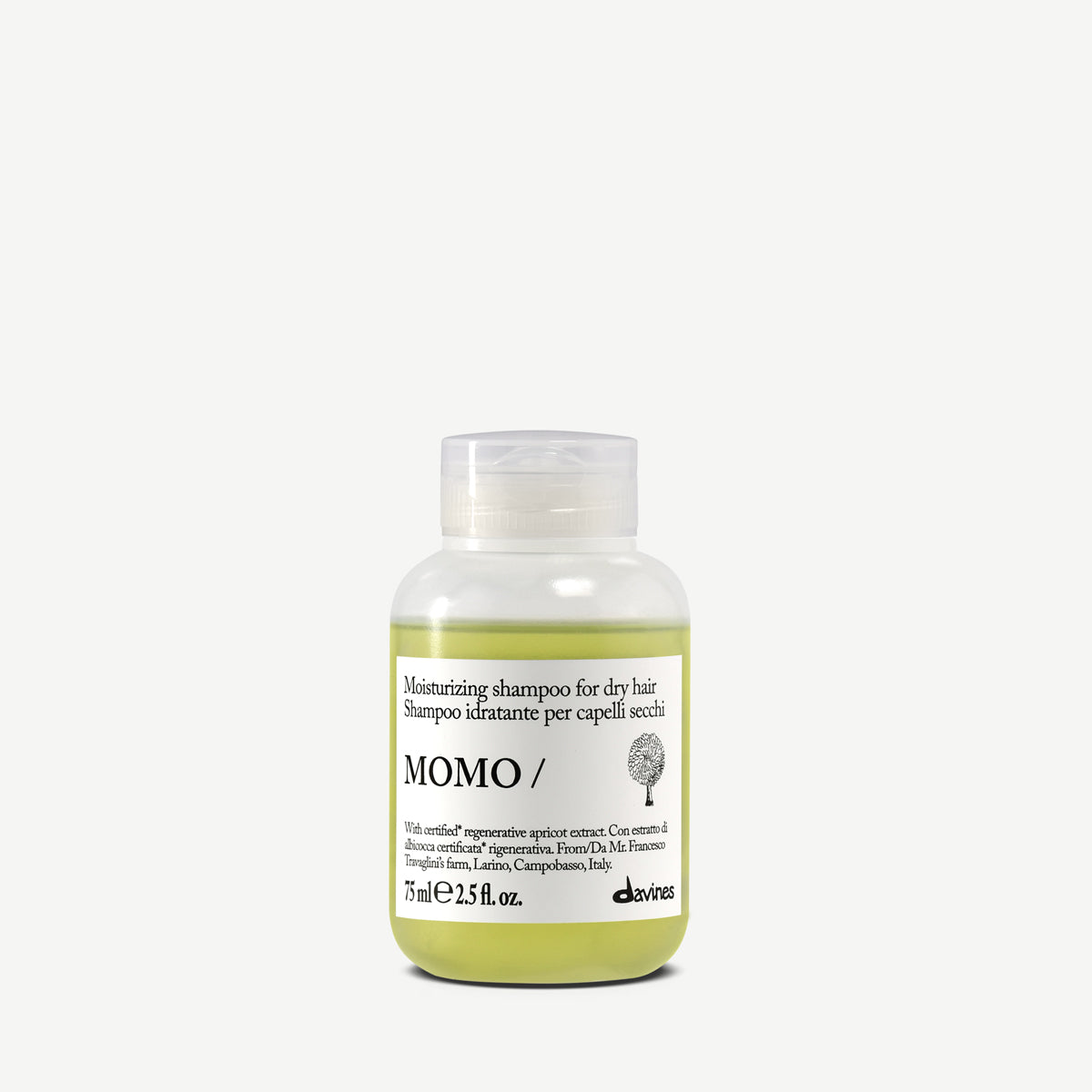 Davines France MOMO Shampoo - Ce shampoing hydratant pour cheveux secs nourrit intensément votre fibre capillaire grâce à l'extrait d'abricot Regenerative Organic Certified™, tout en révélant une douceur et une brillance exceptionnelles