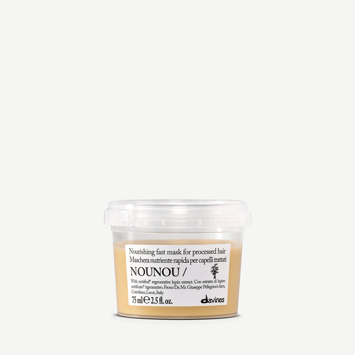 Davines France NOUNOU Mask - Découvrez ce masque nourrissant qui transforme les cheveux secs et abîmés en chevelure soyeuse, grâce à sa formule riche en extrait de lupin Regenerative Organic Certified™