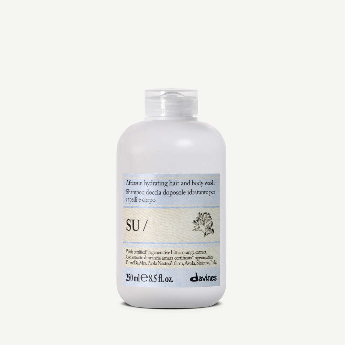 Davines France SU Hair & Body Wash - Gel douche après-soleil rafraîchissant et apaisant, enrichi en extrait d'orange amère Regenerative Organic Certified™ pour protéger et apaiser votre peau tout en l'hydratant